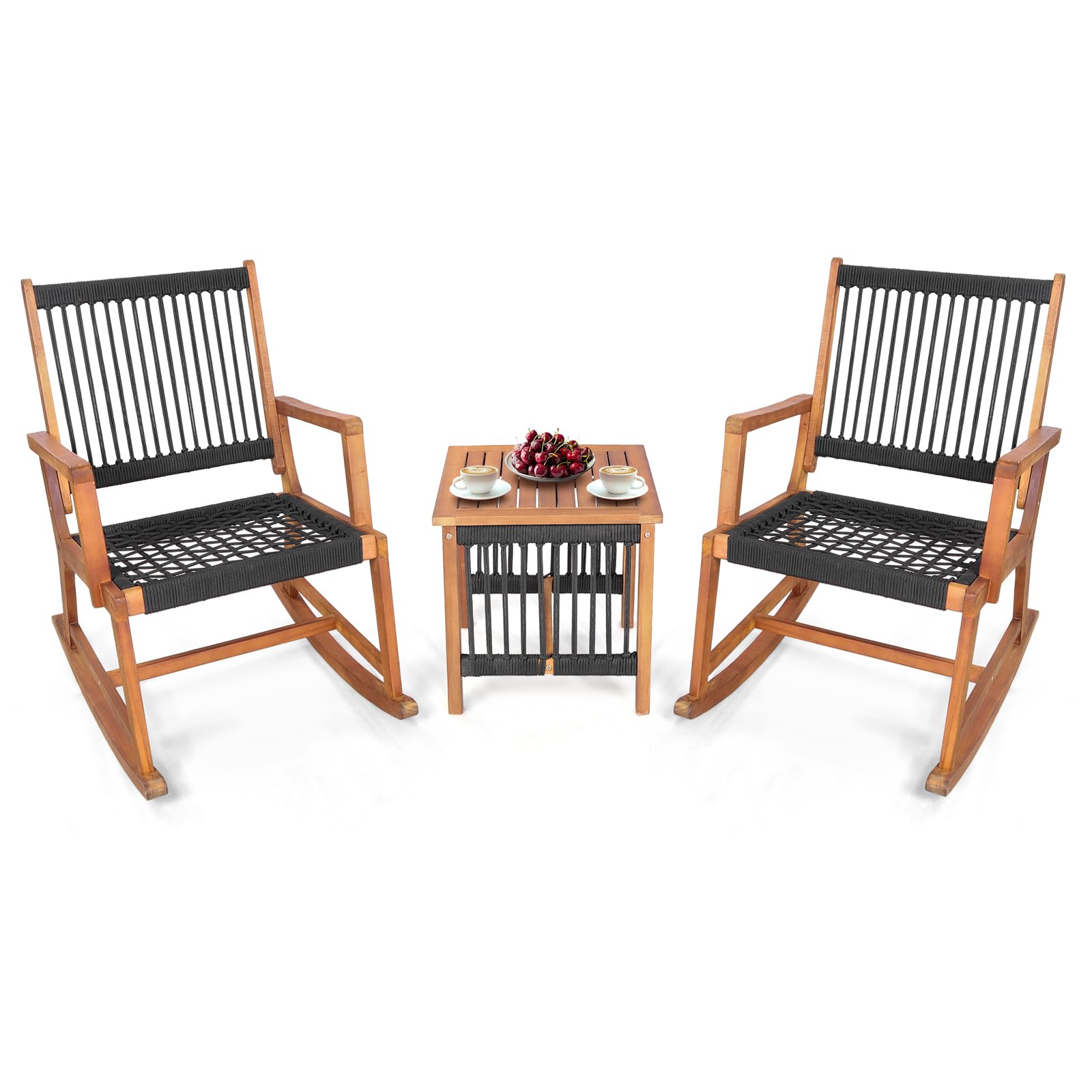 Tangkula 3 Pieces Acacia Wood Rocking Bistro Set, All-Weather Rope Woven Patio Furniture Set with Coffee Table